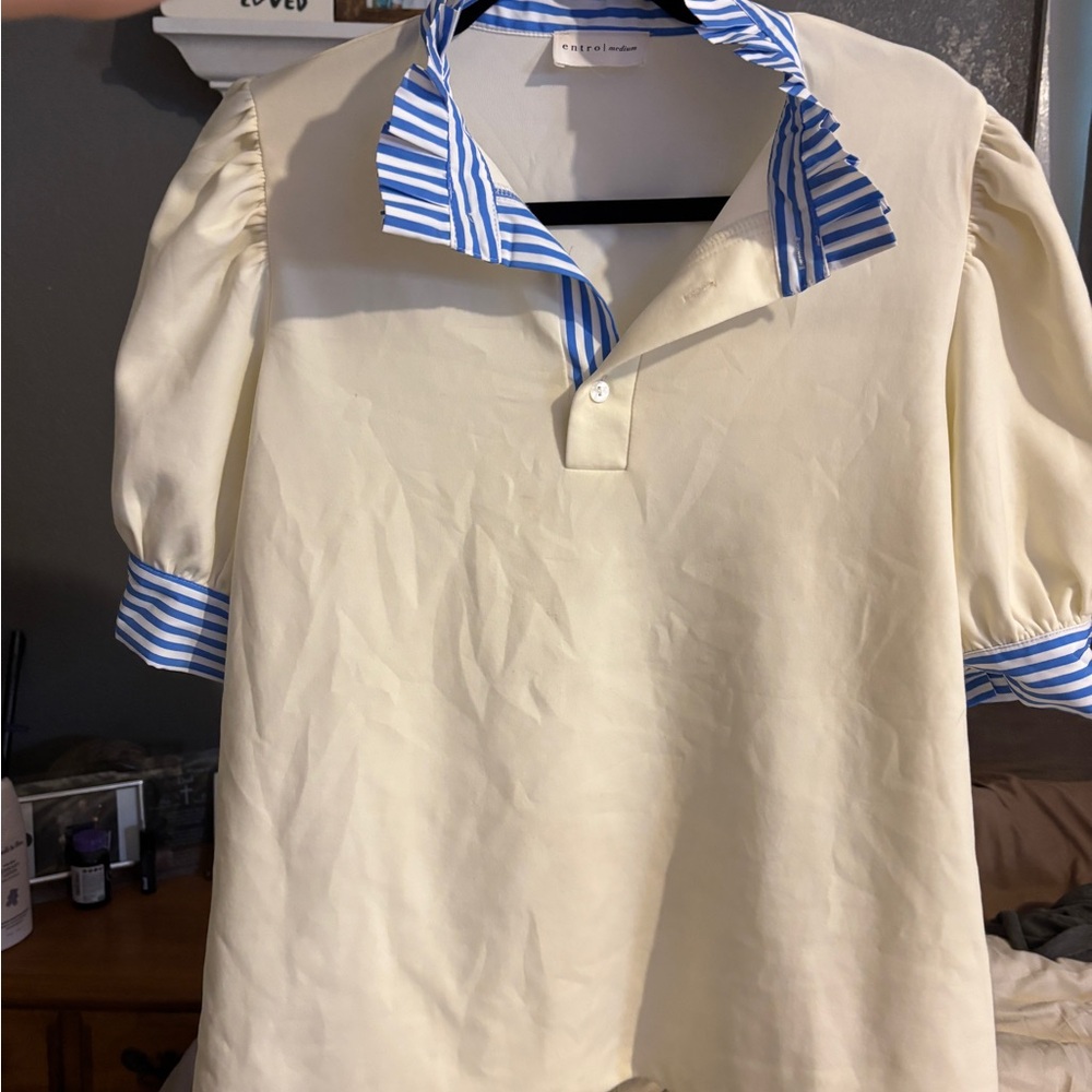 Cream Blouse with Blue Striped Accents